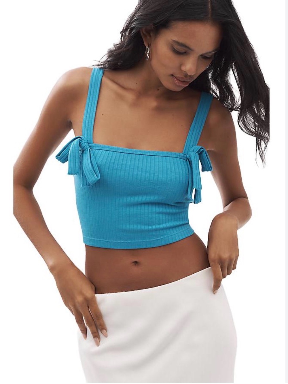 NWT Anthropologie ribbed bright blue cropped tank top with bow detail sz M